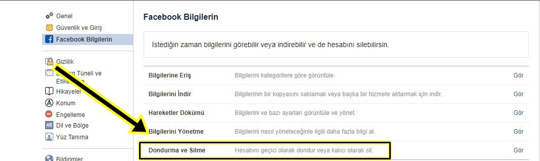 facebook hesabı dondurma
