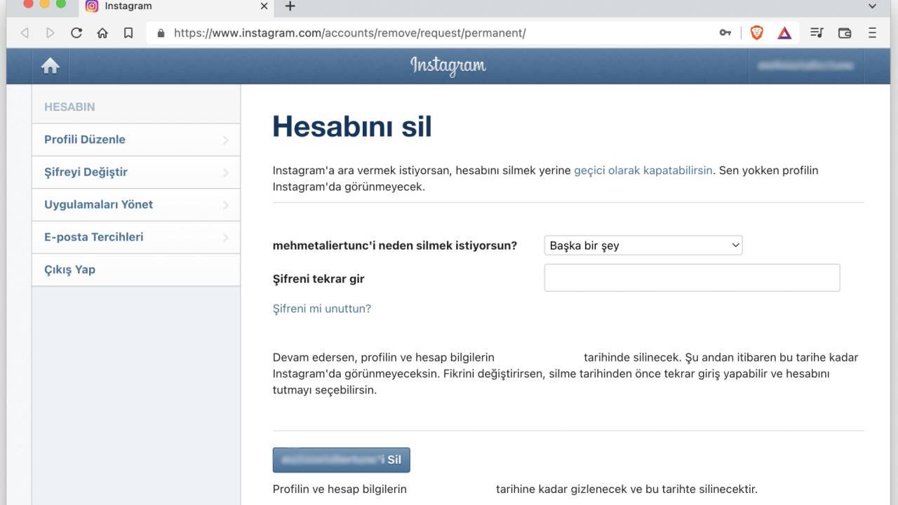 Instagram hesap silme kapatma