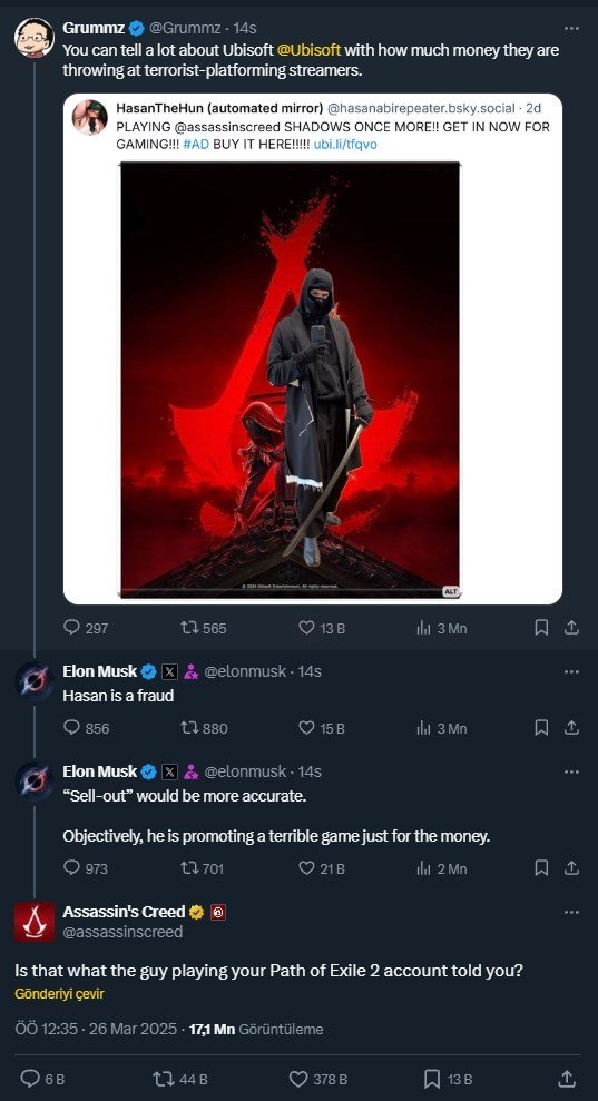 Elon Musk ve Ubisoft arasında Assassin's Creed Shadow krizi