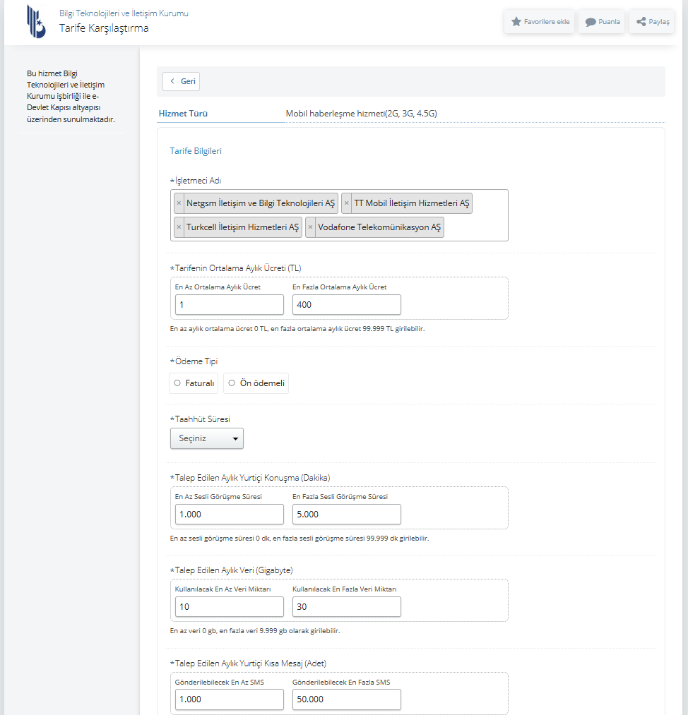 e-Devlet Tarife Karşılaştırma Sistemi