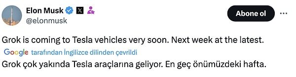 Elon Musk, Grok'un Tesla Araçlarına Entegre Edileceğini Duyurdu.