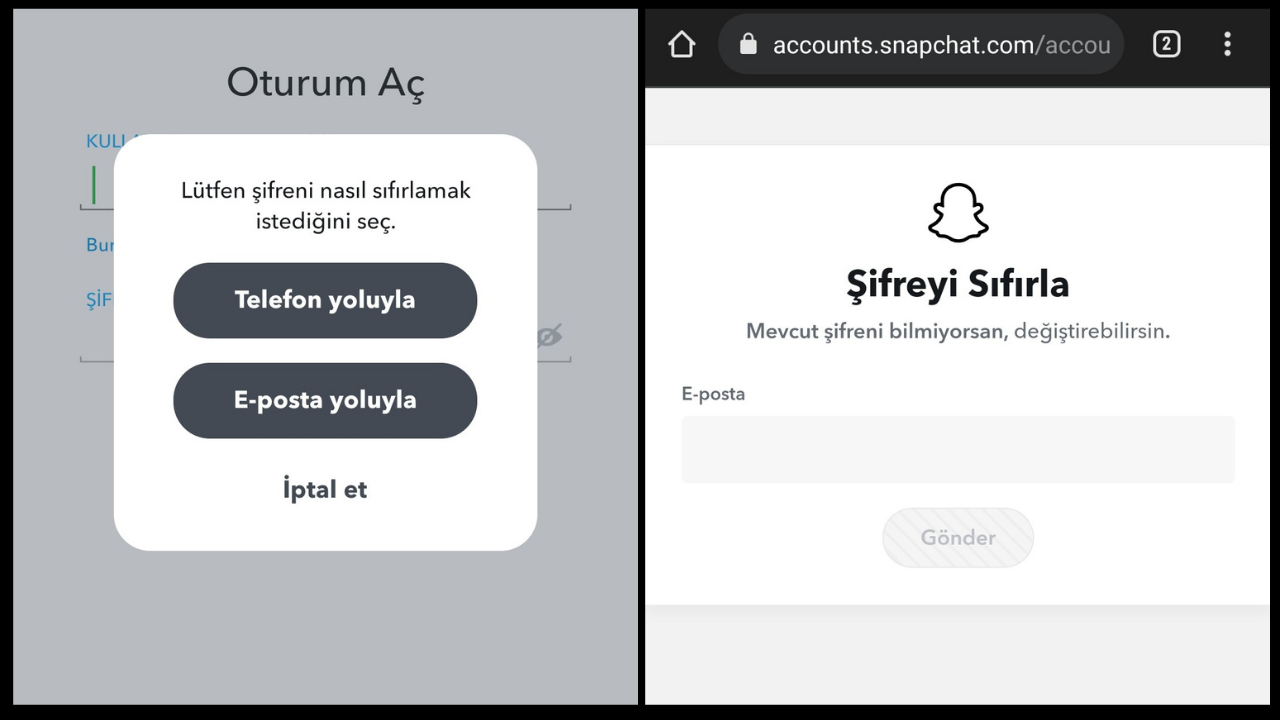 Snapchat e-posta ile şifre sıfırlama