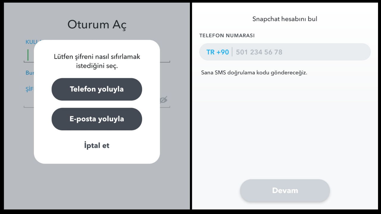 Snapchat şifresi telefon numarasıyla sıfırlama